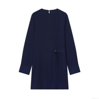 Elegant Long Sleeve Mini Dress For Women Stretch Polyester Round Neck Slim Fit Dress With Waist Belt Buckle For Office Daily Wear