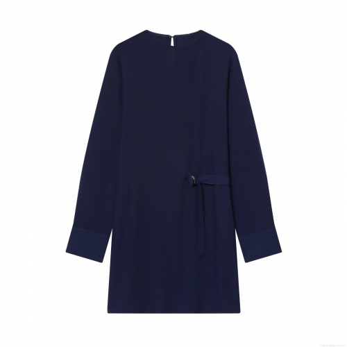 Elegant Long Sleeve Mini Dress For Women Stretch Polyester Round Neck Slim Fit Dress With Waist Belt Buckle For Office Daily Wear