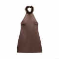 Women Sexy Halter Backless Satin Mini Dress With Feather Neckline Elegant Deep Brown Sleeveless A-Line Dating Party Dress