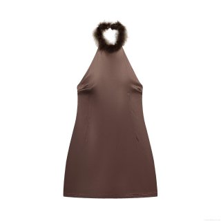 Women Sexy Halter Backless Satin Mini Dress With Feather Neckline Elegant Deep Brown Sleeveless A-Line Dating Party Dress