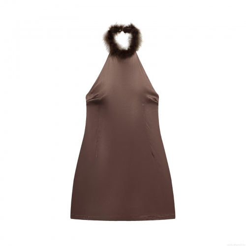 Women Sexy Halter Backless Satin Mini Dress With Feather Neckline Elegant Deep Brown Sleeveless A-Line Dating Party Dress