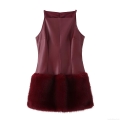 Elegant Wine Red PU Leather And Faux Fur Splicing Mini Cami Dress Square Neck High Waist Sleeveless Sexy Winter Party A-Line Dress For Women
