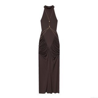 Elegant Halter Neck Pleated Maxi Dress With Metal Chain Detail Sexy Bodycon Polyester Chocolate Brown Long Dress For Women Party Dating Evening