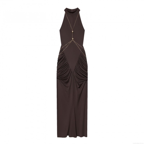 Elegant Halter Neck Pleated Maxi Dress With Metal Chain Detail Sexy Bodycon Polyester Chocolate Brown Long Dress For Women Party Dating Evening