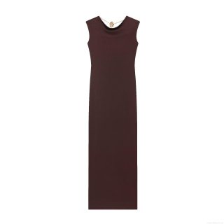 Women Cowl Neck Backless Maxi Dress With Gold Rose Chain Detail Sexy Sleeveless Bodycon Stretch Long Dress Elegant Party Evening Clubwear Solid Coffee