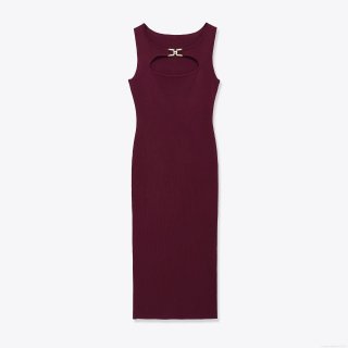 Women's Wine Red Knit Midi Dress With Hollow Out Design Metal Buckle Sleeveless Round Neck Slim Fit Winter Bodycon Party Dress