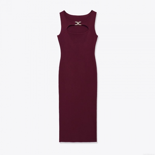 Women's Wine Red Knit Midi Dress With Hollow Out Design Metal Buckle Sleeveless Round Neck Slim Fit Winter Bodycon Party Dress