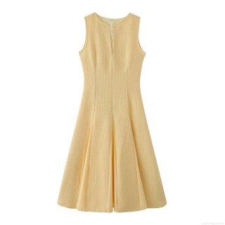 Women Elegant V-Neck Sleeveless Tweed Patchwork Midi Dress Slim Fit A-Line Large Hem Pleated Commuter Party Dress Winter Fashion Yellow