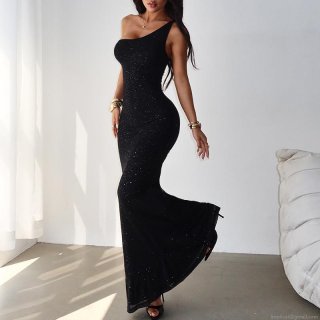 Sexy One Shoulder Backless Sequin Evening Gown Polyester Spandex Glitter Mermaid Long Dress For Women Party Wedding Formal Night Wear