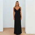 Sexy V-Neck Backless Spaghetti Strap Maxi Dress for Women Elegant Ruffle Patchwork Black Evening Banquet Party Long Dress Polyester Spandex Slim Fit Outfits