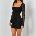 Women Sexy Black Long Sleeve Mini Dress Heart Neck Sheer Mesh Flocking Floral Bodycon Party Clubwear Short Dress