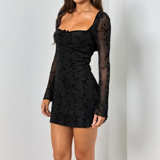 Women Sexy Black Long Sleeve Mini Dress Heart Neck Sheer Mesh Flocking Floral Bodycon Party Clubwear Short Dress