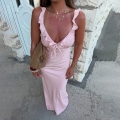 Women Sexy Pink Deep V Neck Ruffle Maxi Dress Summer Vacation Sling Lace Up Bodycon Backless Polyester Spandex Long Dress