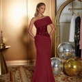 Women Sexy One Shoulder Sequin Evening Gown Backless Ruched Bodycon Maxi Dress For Party Banquet Wedding Guest Cocktail Dress Burgundy White