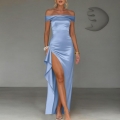 Elegant Off Shoulder Satin Maxi Dress High Slit Ruffled Backless Party Evening Gown For Women French Style Wedding Guest Prom Dress Light Blue