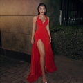 Sexy Red Halter Neck Backless Maxi Dress With Lace Trim High Slit Pleated Stretchy Polyester Long Evening Party Dresses For Women