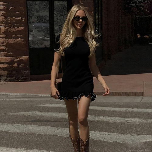 Women's Sexy Knit Bodycon Mini Dress Short Sleeve Round Neck Contrast Ruffle Hem Slim Fit Contrast Trim Casual Summer Dress For Women