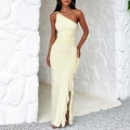 Women's Sexy One Shoulder Ruffle Maxi Dress Ruched Bodycon Side Split Long Dress Elegant Sleeveless Vacation Beach Party Evening Dress