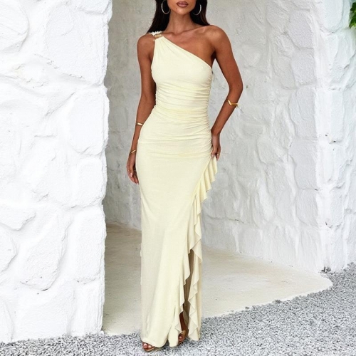 Women's Sexy One Shoulder Ruffle Maxi Dress Ruched Bodycon Side Split Long Dress Elegant Sleeveless Vacation Beach Party Evening Dress