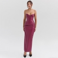 Women's Sexy PU Leather Tube Top Midi Dress Backless Lace Up Pleated Bodycon High Slit Evening Party Clubwear Burgundy Solid Color Bodycon Sheath Dress