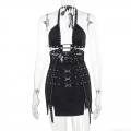 Women Gothic Punk Halter Mini Dress Sexy Hollow Out Lace Stitching Bodycon Dress With Metal Buckles Rivets Sleeveless Open Back Party Clubwear