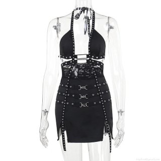 Women Gothic Punk Halter Mini Dress Sexy Hollow Out Lace Stitching Bodycon Dress With Metal Buckles Rivets Sleeveless Open Back Party Clubwear