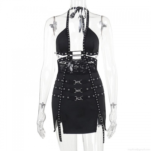 Women Gothic Punk Halter Mini Dress Sexy Hollow Out Lace Stitching Bodycon Dress With Metal Buckles Rivets Sleeveless Open Back Party Clubwear