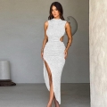 Women's Sexy Backless Pleated Maxi Dress Sleeveless Half High Neck Side High Slit Cut Out Bodycon Polyester Spandex Crinkle Texture Evening Party Clubwear Long Dress