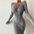 Women Sexy Long Sleeve Ribbed Knit Maxi Dress Cross Wrap Lace Up Hollow Out Bodycon Mermaid Dress For Club Party Night Out Sexy Streetwear