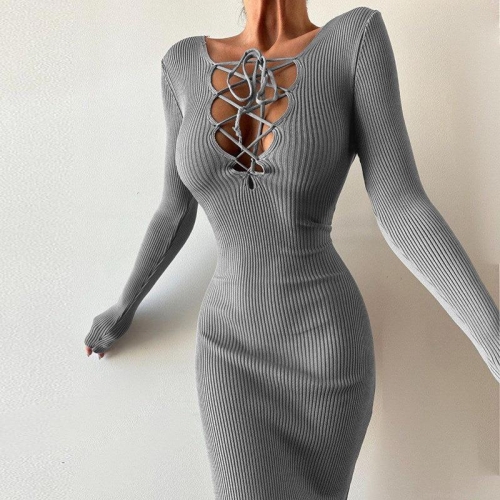 Women Sexy Long Sleeve Ribbed Knit Maxi Dress Cross Wrap Lace Up Hollow Out Bodycon Mermaid Dress For Club Party Night Out Sexy Streetwear