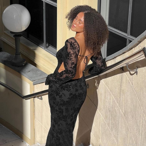 Sexy Backless Long Sleeve Maxi Dress Floral Lace Burn-out Bodycon Long Dress With Back Tie For Autumn Party Women Celebrity Style
