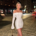 Women Sexy Off-Shoulder Lace Mini Dress Long Flare Sleeve Bodycon See-Through Party Club Dress Elegant White Flower Lace Polyester Spandex Short Dress