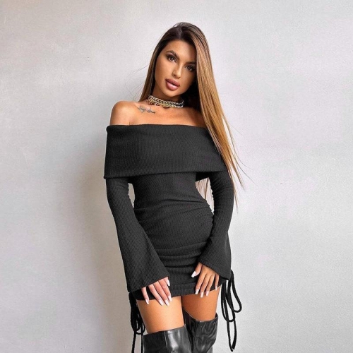 Women's Sexy Off Shoulder Bodycon Mini Dress Long Sleeve Ruched Drawstring Ribbed Knit Polyester Spandex Elegant Club Party Dresses