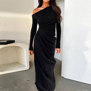 Women Sexy One Shoulder Hollow Out Ruched Maxi Dress Elegant Asymmetric Long Sleeve Bodycon Party Evening Night Out Dress