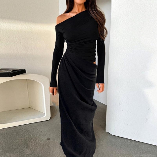 Women Sexy One Shoulder Hollow Out Ruched Maxi Dress Elegant Asymmetric Long Sleeve Bodycon Party Evening Night Out Dress