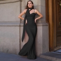 Elegant Scarf Neck Halter Maxi Dress For Women Sexy Backless Spaghetti Strap Bodycon Evening Party Club Cocktail Dress With Streamer Slit Long Dress