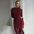 Women's Ruched Bodycon Mini Dress Elegant Long Sleeve Crew Neck Slim Fit Solid Color Autumn Fashion Cocktail Party Dress