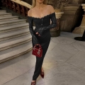 Sexy Off-the-Shoulder Lace Patchwork Maxi Dress Women Elegant Bodycon Long Sleeve Evening Party Gown High Waist Polyester Spandex Mermaid Dresses