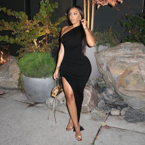 Sexy One Shoulder Maxi Dress Ruched Side Lace-up High Slit Bodycon Long Dress Polyester Spandex Party Clubwear Evening Gown for Women