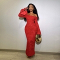 Women's Sexy Off-Shoulder Long Sleeve Faux Fur Maxi Dress Slim Fit Backless Flare Sleeve Red Bodycon Evening Party Christmas Clubwear Dress