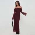 Sexy Women's Off-Shoulder Ruched Mesh Maxi Dress Elegant Long Sleeve Bodycon Evening Party Club Gown Polyester Spandex Mesh Patchwork Formal Dress