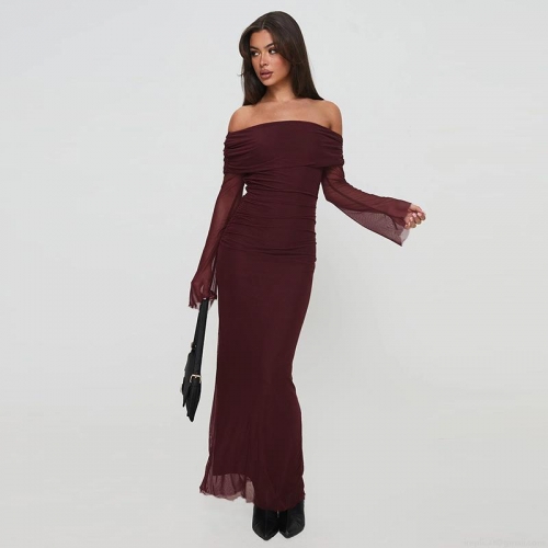 Sexy Women's Off-Shoulder Ruched Mesh Maxi Dress Elegant Long Sleeve Bodycon Evening Party Club Gown Polyester Spandex Mesh Patchwork Formal Dress