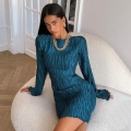 Women Elegant Pleated Texture Bodycon Mini Dress Long Sleeve Crew Neck Slim Fit Polyester Spandex Solid Color Sexy Party Club Dress For Women