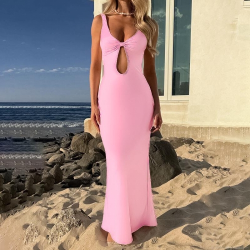 Women's Sexy Cutout Maxi Dress Elegant V-Neck Sleeveless Backless Slim Fit Satin Finish Long Dress For Party Evening Wedding Vacation
