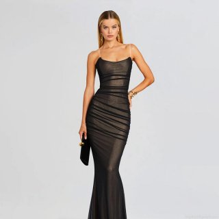 Women Sexy Black Ruched Mesh Bodycon Dress With Transparent Straps Sleeveless Evening Party Fishcut Long Dress Celebrity Style Slim Fit Solid Color Maxi Gown