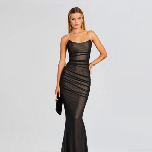 Women Sexy Black Ruched Mesh Bodycon Dress With Transparent Straps Sleeveless Evening Party Fishcut Long Dress Celebrity Style Slim Fit Solid Color Maxi Gown