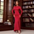 Women Elegant Red Black Maxi Dress Polyester Spandex Mesh Long Sleeve Ruched Fishtail Side Split Evening Wedding Party Slim Fit Bodycon Dress