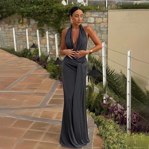 Women Sexy Halter Backless Maxi Dress Slim Fit Cowl Neck Tie Waist Solid Color Polyester Spandex Long Dress For Evening Party Vacation