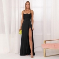 Elegant Celebrity Square Neck Satin Pleated Maxi Dress Sexy High Slit Backless Criss-Cross Straps Formal Evening Party Gown For Women