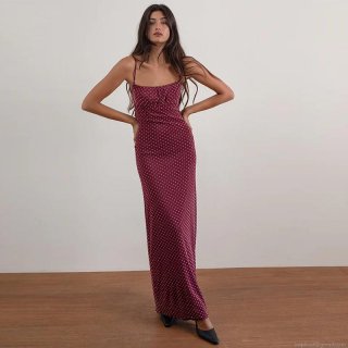 Women's Sexy Polka Dot Maxi Dress Spaghetti Strap Backless Slim Fit Burgundy Red Vintage French Style Polyester Spandex Summer Vacation Party Long Dress